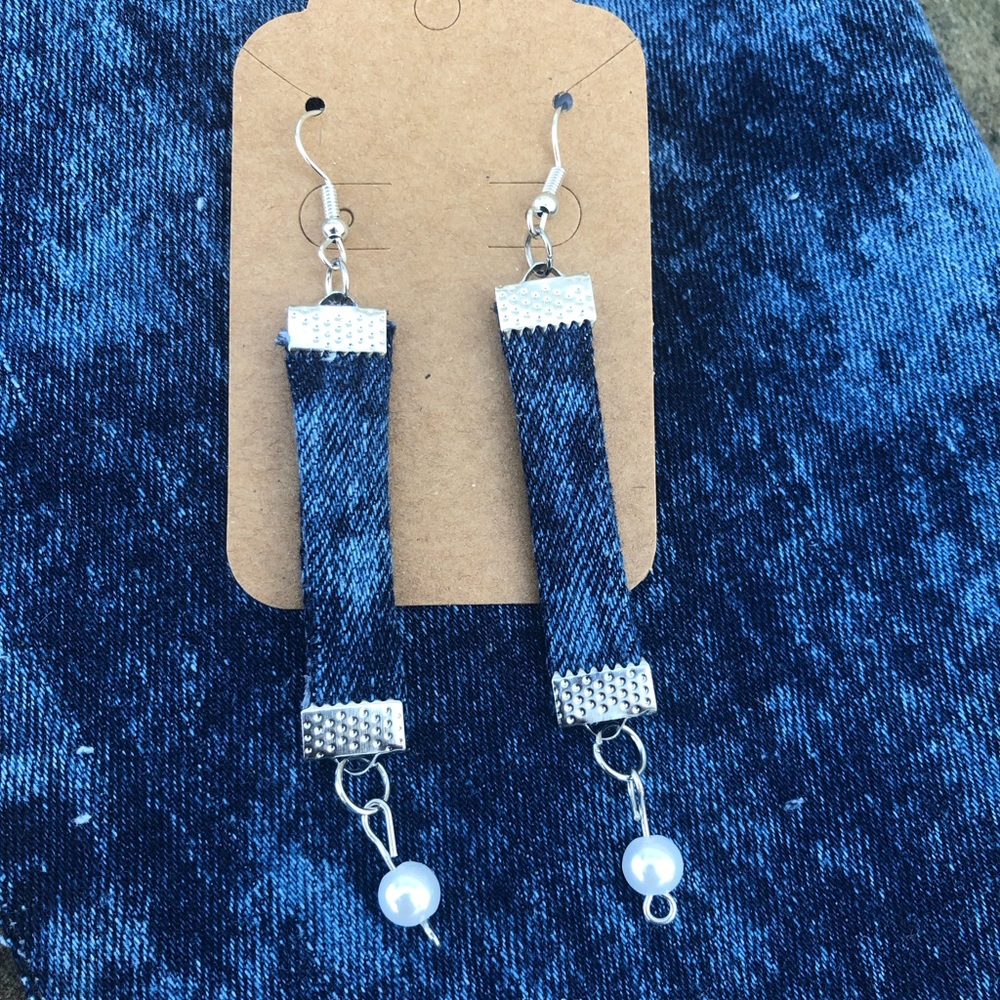 Denim Ribbon Pearl Drop Earrings - Blue